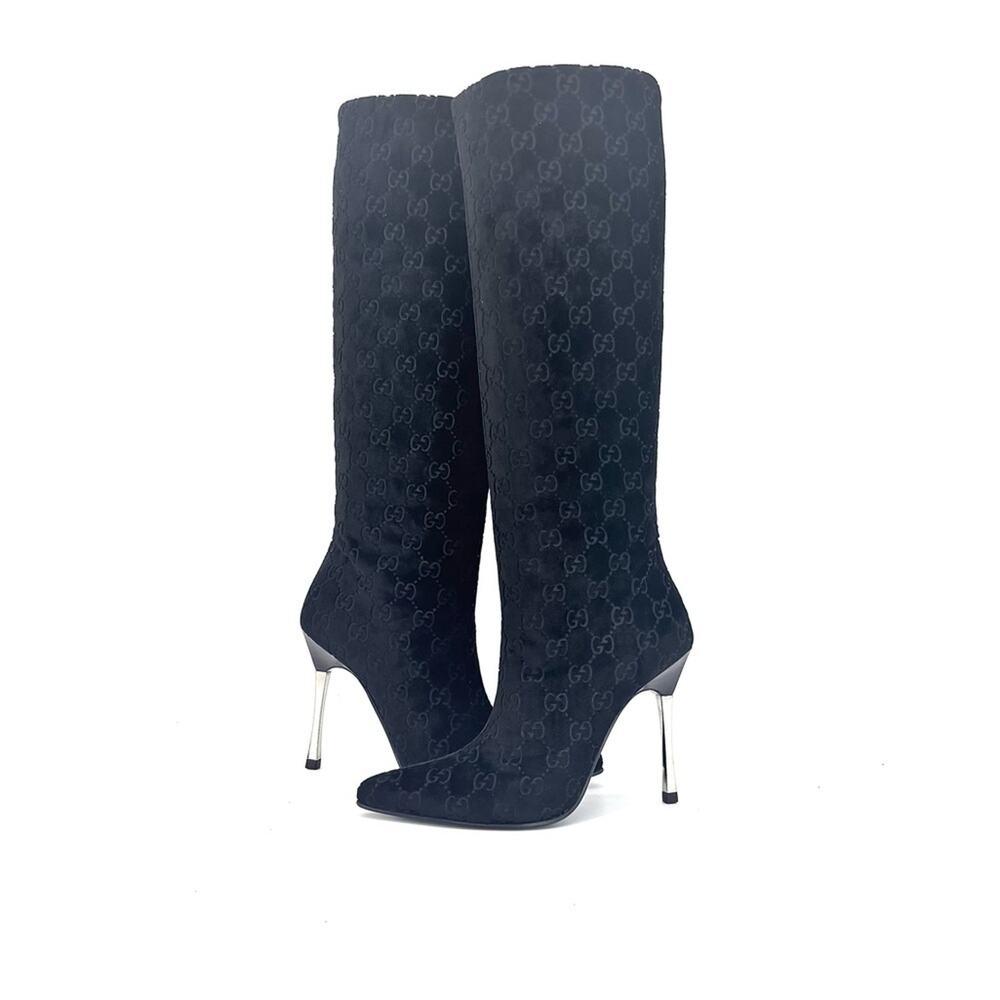 Gucci Tom Ford GG Monogram Velvet Black Knee High Pointed Toe Heeled Boots 6 - Picture 3 of 12